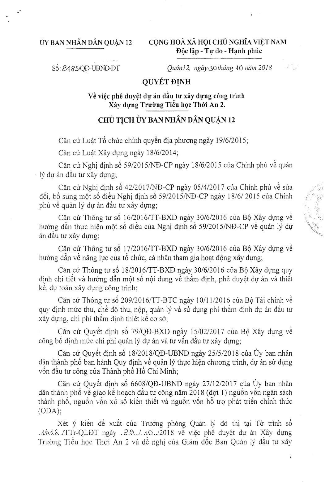 Quyết định Về Việc Phê Duyệt Dự án đầu Tư Xây Dựng Công Trình Xây Dựng